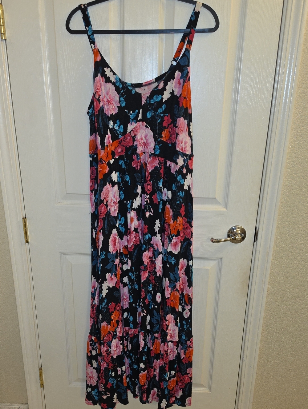 Torrid Floral Spaghetti-Strap Maxi Dress in Black, Pink, Coral and Blue